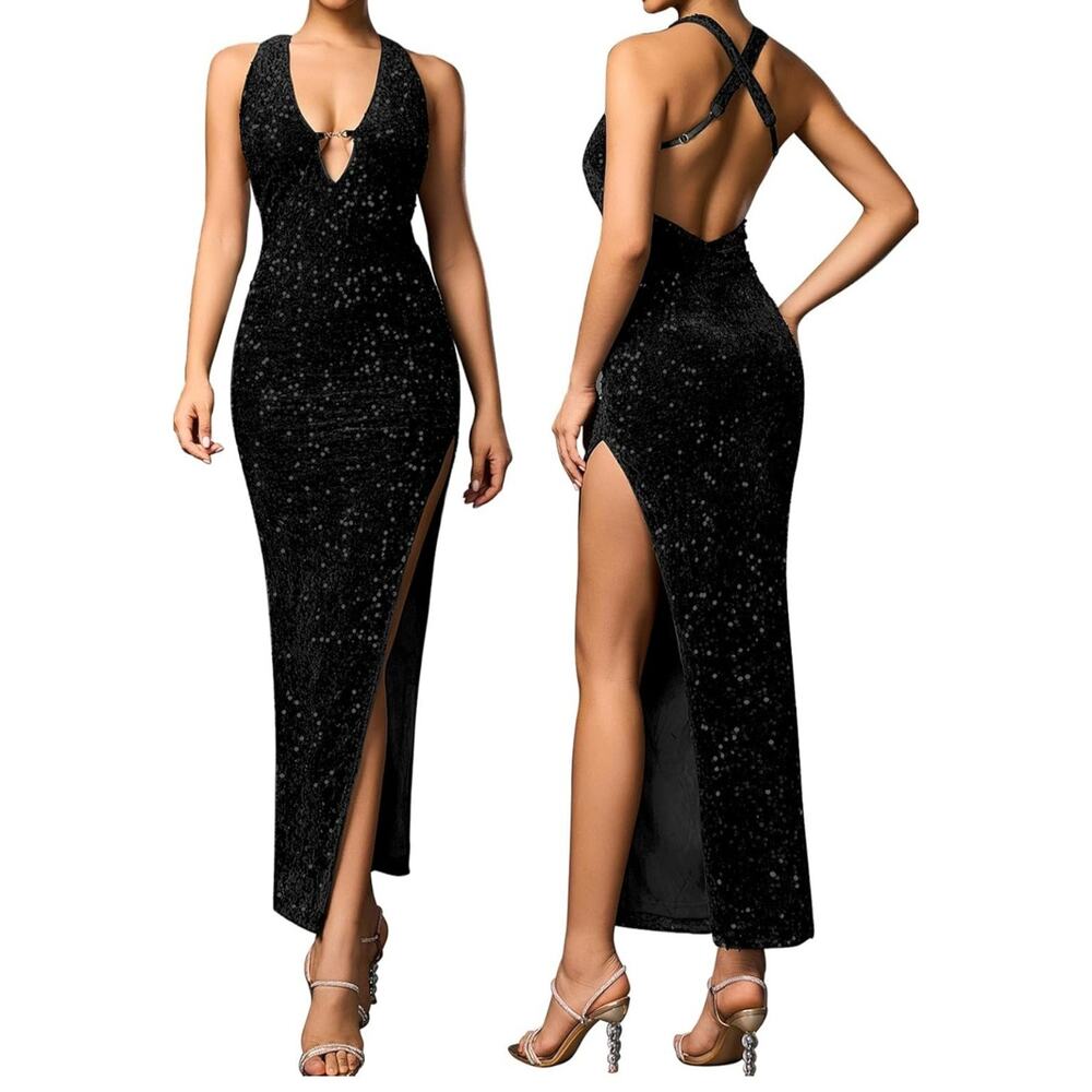 KUTUMAI Womens Velvet Sequin Sparkly Maxi Dress V Neck Split Evening Dress Large